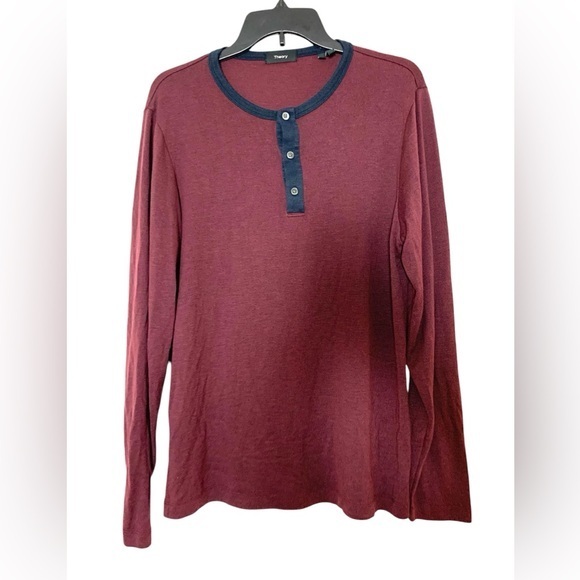 Theory Thermal Henley Top Shirt Classic Casual Basic Navy Maroon Large - Picture 1 of 11